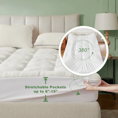 Memorial Day【Bedlore】Bamboo Mattress Topper – Ultra Soft Pillow Top Mattress Pad, Cooling Breathable Bed Topper with Deep Pocket (6–18”), Hotel Quality Comfort for Better Sleep