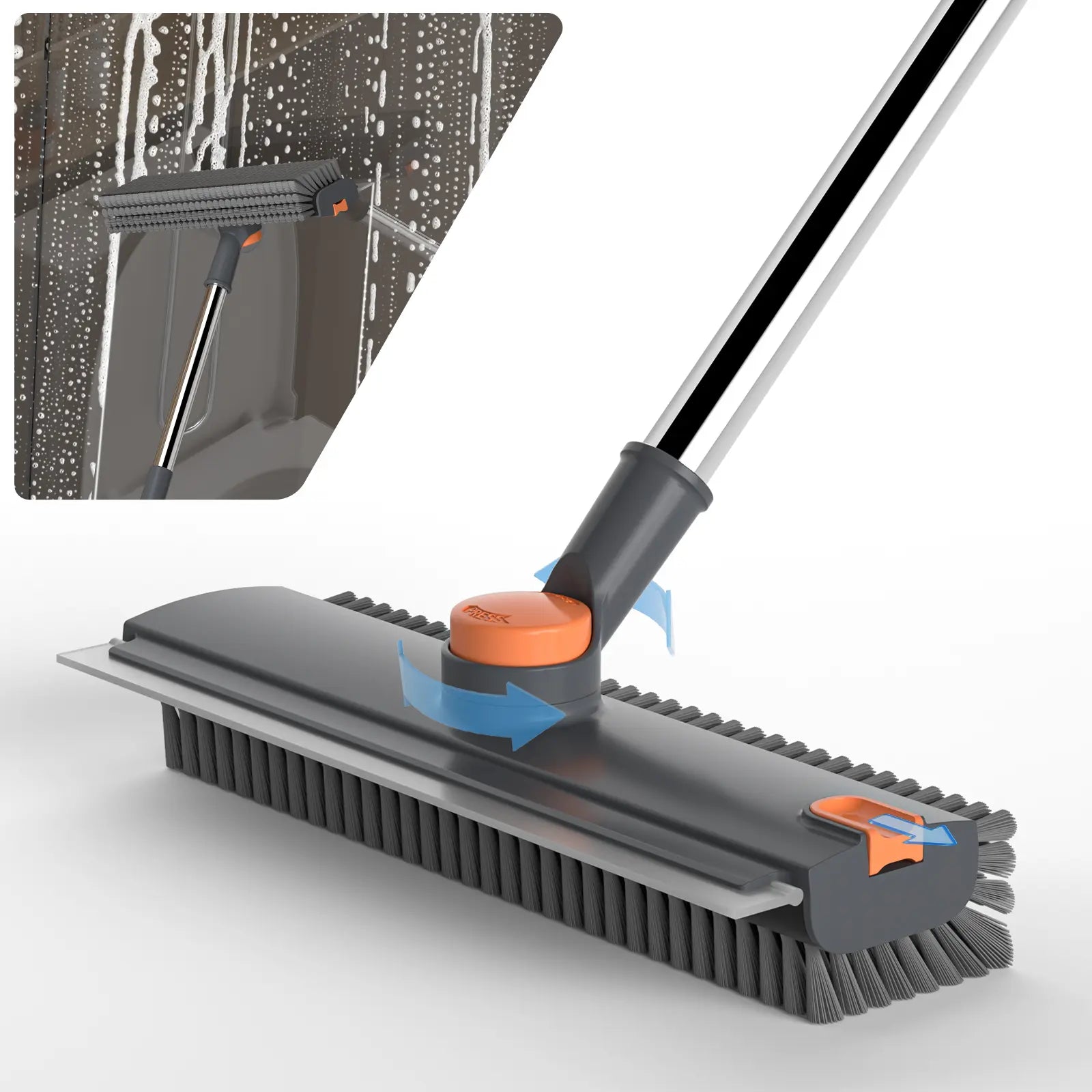 GLUMZRK 3-In-1 Stainless Steel Long Handle Floor Scrubber Squeegee, House Cleaning Tools with 360° Rotating Head, Stiff Bristles & Adjustable Smooth Silicone Squeegee, Cleaning Supplies and Tools for Shower, Patio