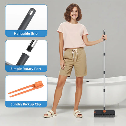GLUMZRK 3-In-1 Stainless Steel Long Handle Floor Scrubber Squeegee, House Cleaning Tools with 360° Rotating Head, Stiff Bristles & Adjustable Smooth Silicone Squeegee, Cleaning Supplies and Tools for Shower, Patio