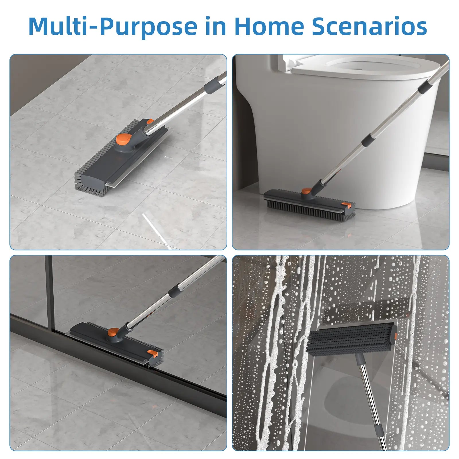 GLUMZRK 3-In-1 Stainless Steel Long Handle Floor Scrubber Squeegee, House Cleaning Tools with 360° Rotating Head, Stiff Bristles & Adjustable Smooth Silicone Squeegee, Cleaning Supplies and Tools for Shower, Patio