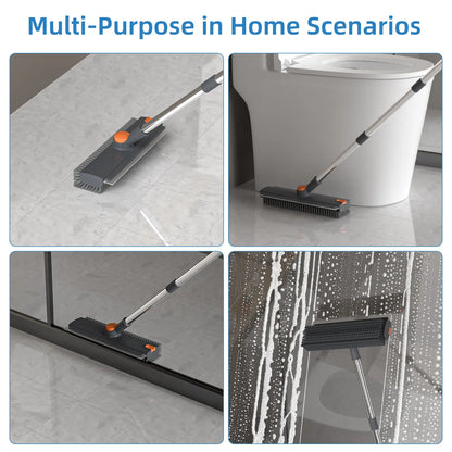 GLUMZRK 3-In-1 Stainless Steel Long Handle Floor Scrubber Squeegee, House Cleaning Tools with 360° Rotating Head, Stiff Bristles & Adjustable Smooth Silicone Squeegee, Cleaning Supplies and Tools for Shower, Patio