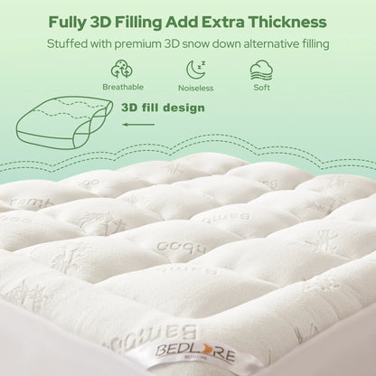Memorial Day【Bedlore】Bamboo Mattress Topper – Ultra Soft Pillow Top Mattress Pad, Cooling Breathable Bed Topper with Deep Pocket (6–18”), Hotel Quality Comfort for Better Sleep