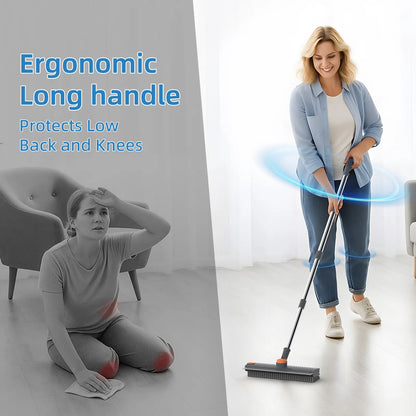 GLUMZRK 3-In-1 Stainless Steel Long Handle Floor Scrubber Squeegee, House Cleaning Tools with 360° Rotating Head, Stiff Bristles & Adjustable Smooth Silicone Squeegee, Cleaning Supplies and Tools for Shower, Patio