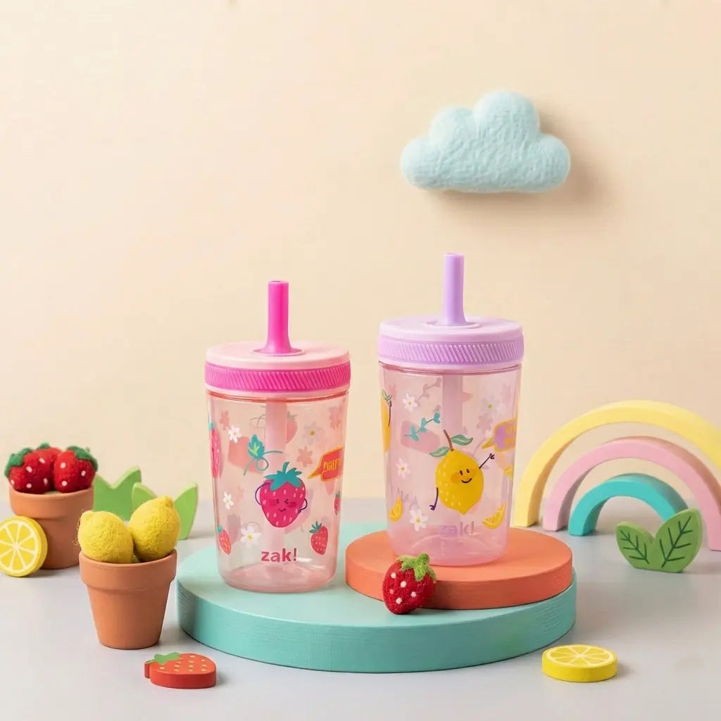 Zak Designs Kelso Kids Leakproof Straw Cup with Silicone Spout and Screw-On Lid - Reusable Plastic Drinkware, 15 Ounces, 2 Pack BPA Free Water Bottles