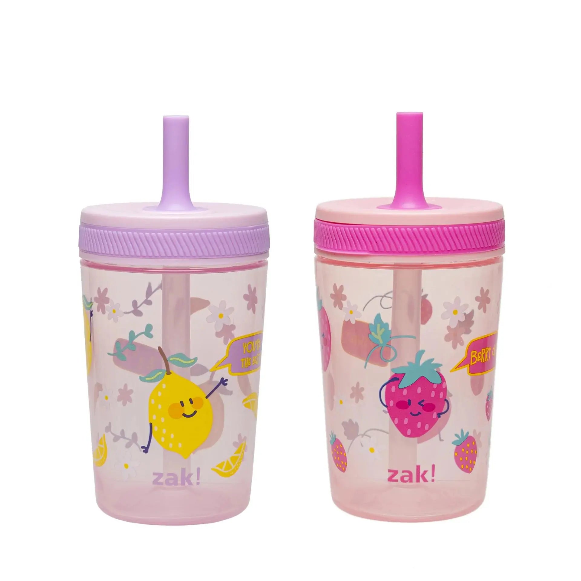 Zak Designs Kelso Kids Leakproof Straw Cup with Silicone Spout and Screw-On Lid - Reusable Plastic Drinkware, 15 Ounces, 2 Pack BPA Free Water Bottles