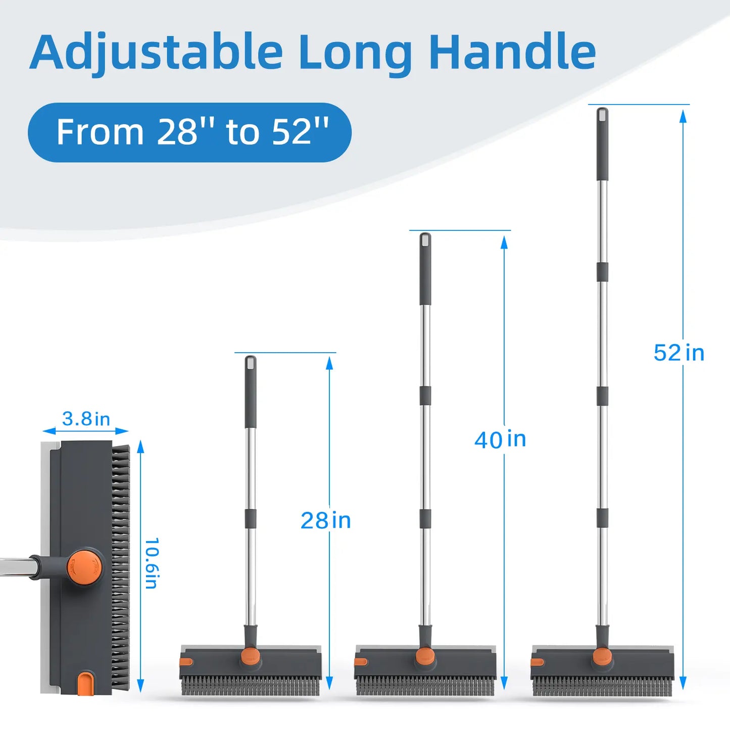 GLUMZRK 3-In-1 Stainless Steel Long Handle Floor Scrubber Squeegee, House Cleaning Tools with 360° Rotating Head, Stiff Bristles & Adjustable Smooth Silicone Squeegee, Cleaning Supplies and Tools for Shower, Patio