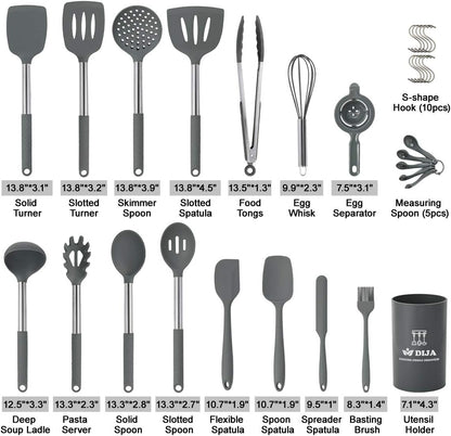 Cooking Utensils Set, Kitchen Utensils 31Pcs Cooking Utensils Set, Heat Resistant Non-Stick Silicone Kitchen Spatula Set with Stainless Steel Handle - Gray (BPA Free, Non Toxic)