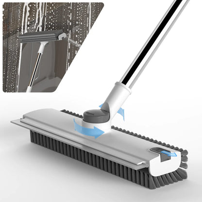 GLUMZRK 3-In-1 Stainless Steel Long Handle Floor Scrubber Squeegee, House Cleaning Tools with 360° Rotating Head, Stiff Bristles & Adjustable Smooth Silicone Squeegee, Cleaning Supplies and Tools for Shower, Patio