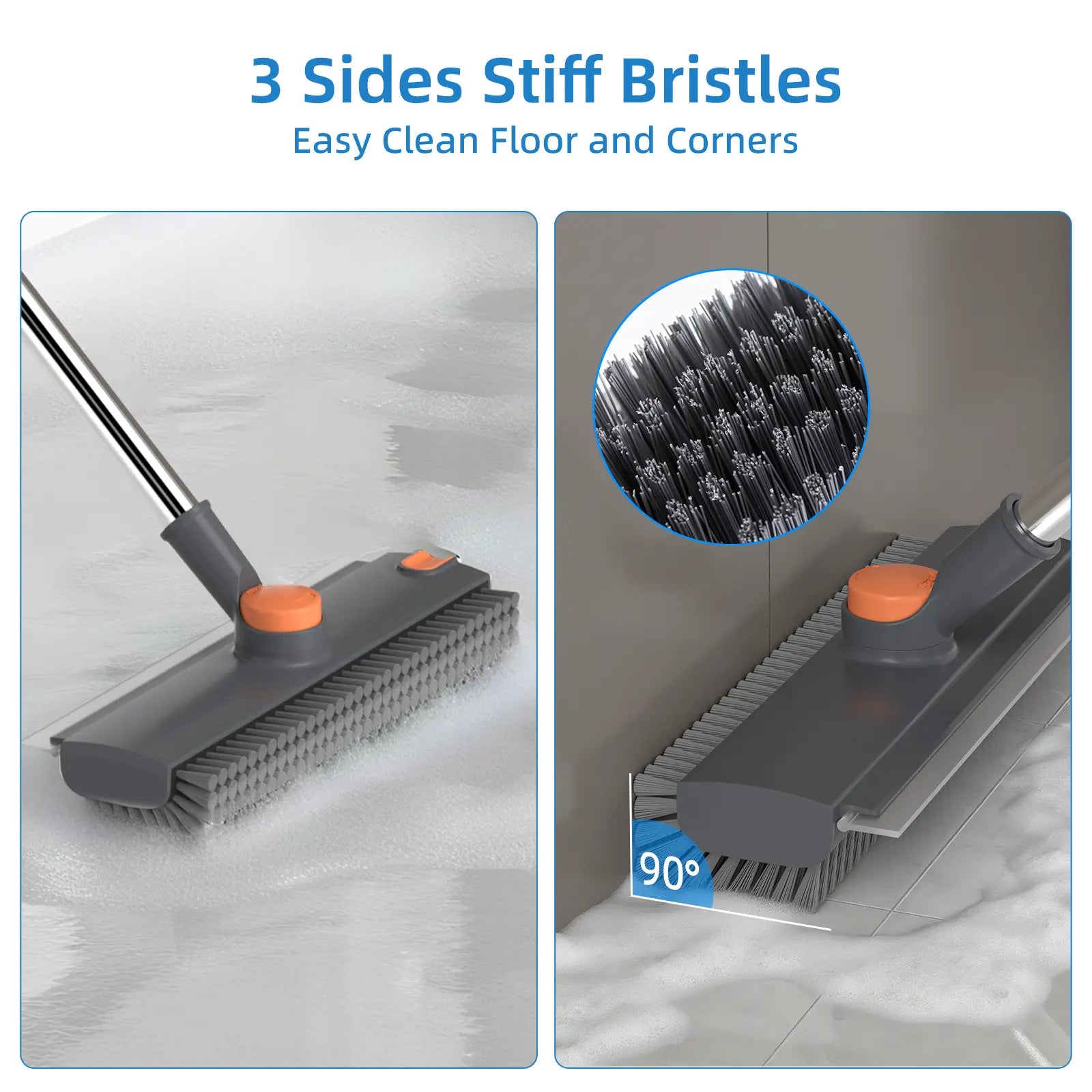 GLUMZRK 3-In-1 Stainless Steel Long Handle Floor Scrubber Squeegee, House Cleaning Tools with 360° Rotating Head, Stiff Bristles & Adjustable Smooth Silicone Squeegee, Cleaning Supplies and Tools for Shower, Patio