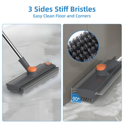 GLUMZRK 3-In-1 Stainless Steel Long Handle Floor Scrubber Squeegee, House Cleaning Tools with 360° Rotating Head, Stiff Bristles & Adjustable Smooth Silicone Squeegee, Cleaning Supplies and Tools for Shower, Patio