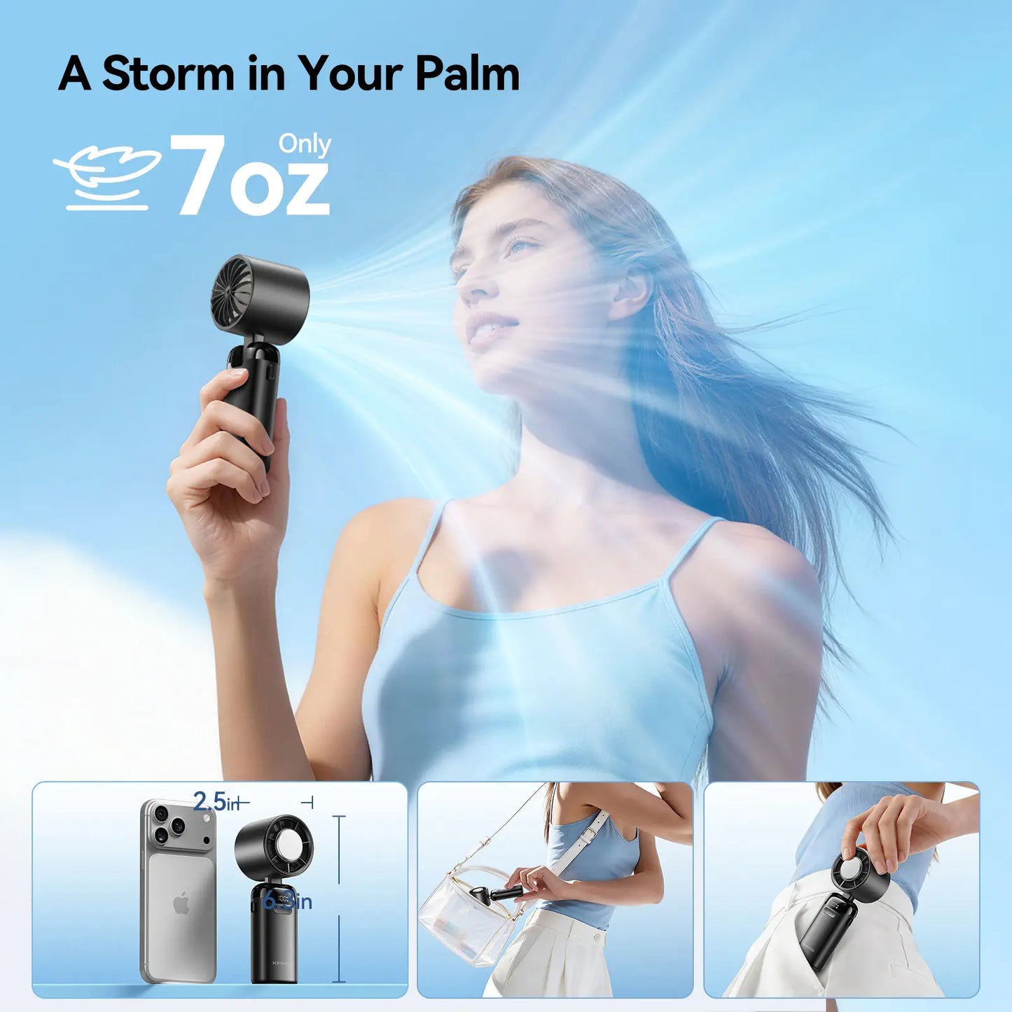 KIMMOO 4-In-1 Portable Handheld Turbo Fan with 199 Speed Settings, 21,000 RPM Powerful Airflow, 12H Runtime, Digital Display, 120° Foldable Personal Mini Desk Fan for Travel, Home, and Office