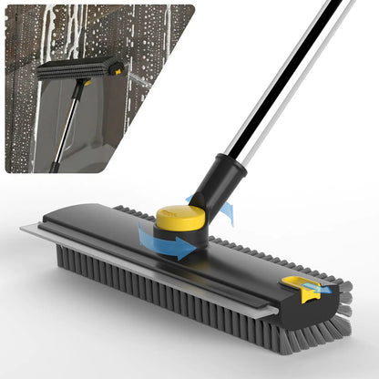 GLUMZRK 3-In-1 Stainless Steel Long Handle Floor Scrubber Squeegee, House Cleaning Tools with 360° Rotating Head, Stiff Bristles & Adjustable Smooth Silicone Squeegee, Cleaning Supplies and Tools for Shower, Patio