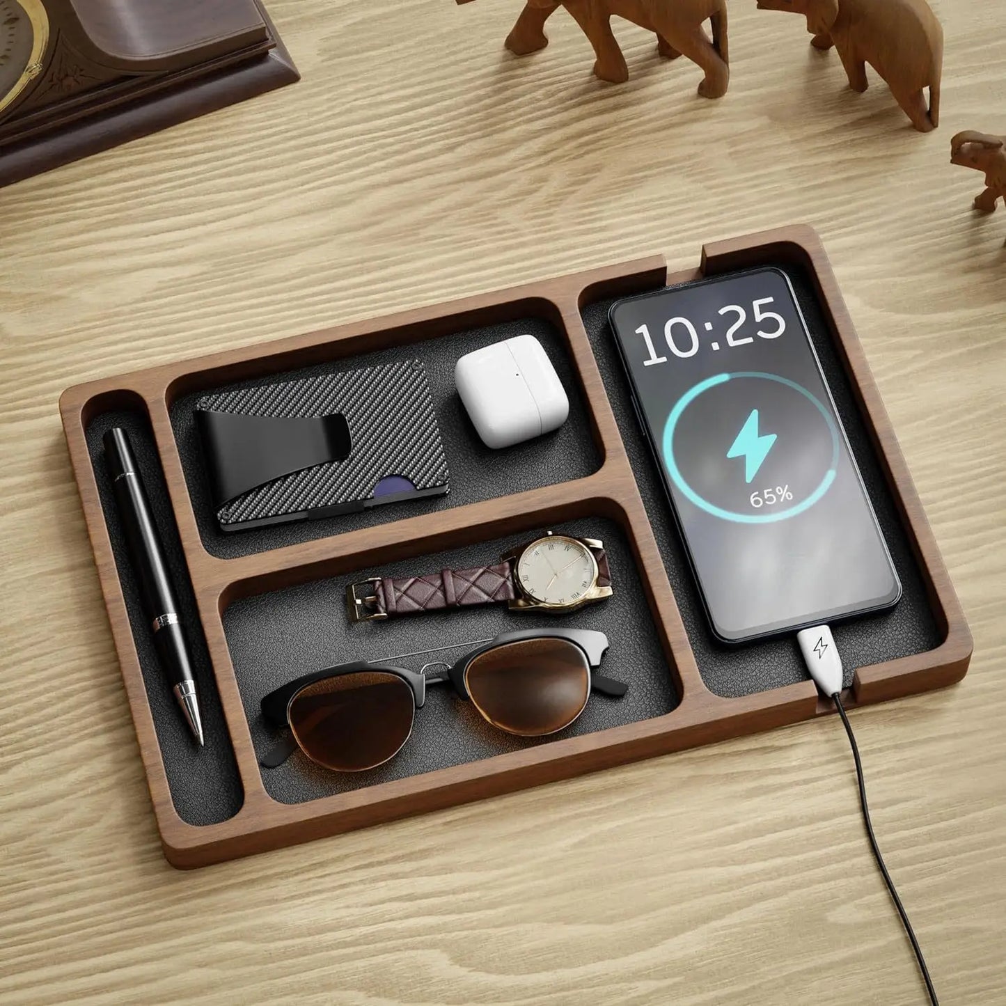 Wooden Office Desktop Storage Box Solid Wood Partition Storage Box Mobile Phone Headphone Debris Storage Box Wooden Storage Tray