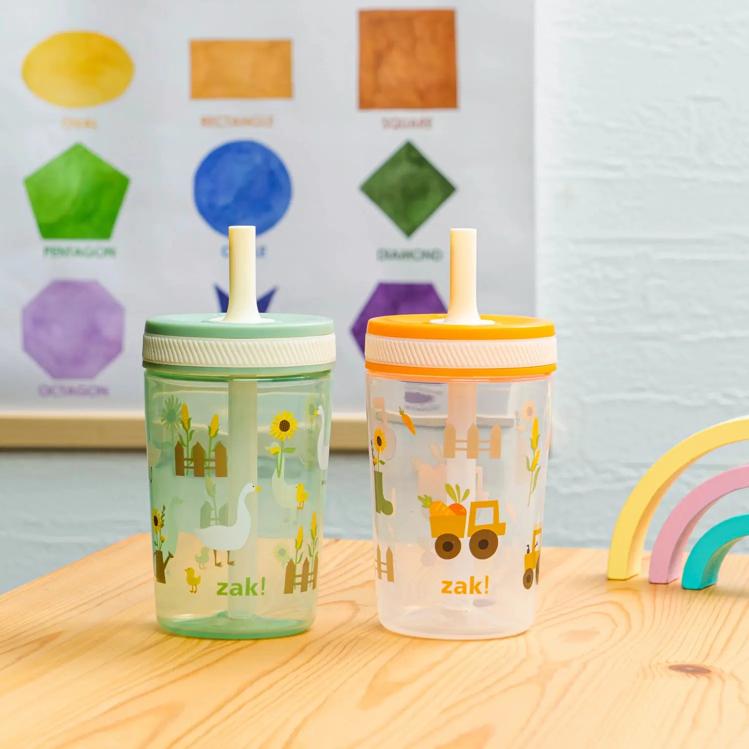 Zak Designs Kelso Kids Leakproof Straw Cup with Silicone Spout and Screw-On Lid - Reusable Plastic Drinkware, 15 Ounces, 2 Pack BPA Free Water Bottles